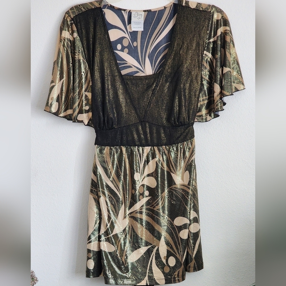 Fashion Bug Women's Plus Size 26/28W Gold Black Metallic Butterfly Sleeve Blouse